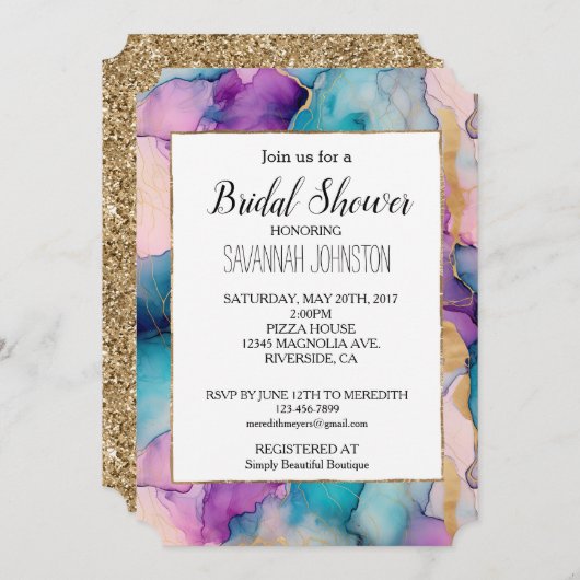 クリスタルアクアブルーパープルピンクブライダルシャワー 招待状 (正面/裏面)