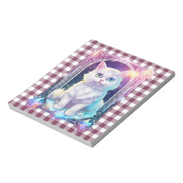 クリスタルキャット パープルブラック格子柄 かわいい白い子猫 ノートパッド