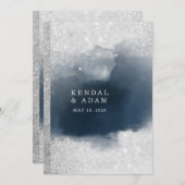 クリスタルクラリティ銀モダン国結婚海軍 招待状 (正面/裏面)