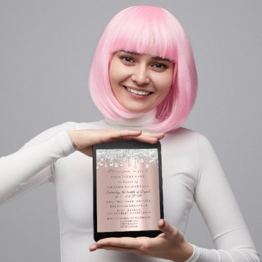 クリスタルグリッターシルバーグレーバラブライダル誕生日 招待状