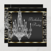 クリスタルシャンデリア ブラック ダマスク 誕生日パーティー 招待状 (正面/裏面)