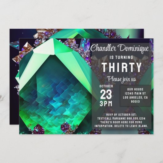 クリスタルジュエルグリーンエメラルドジェムストーンメイ誕生日 招待状 (正面/裏面)