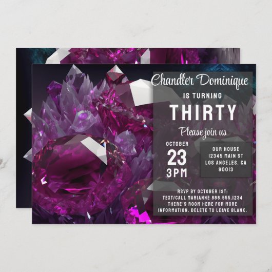 クリスタルジュエルトーンガンルビーレッド7月誕生日 招待状 (正面/裏面)