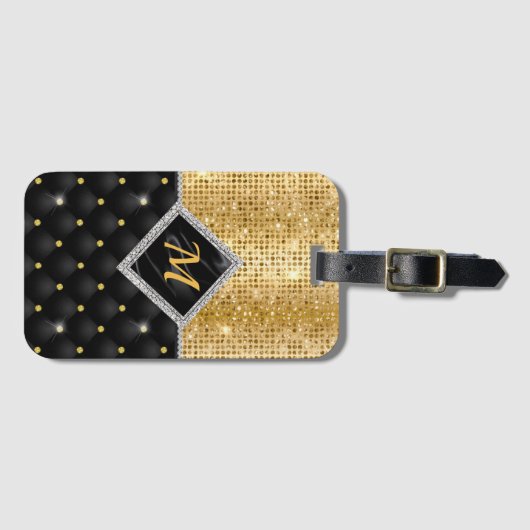 クリスタルスタイリッシュ金ゴールドフェイクブラックダイヤモンドモノグラム ラゲッジタグ (正面横)