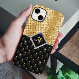 クリスタルスタイリッシュ金ゴールドフェイクブラックダイヤモンドモノグラム Case-Mate iPhone 14ケース