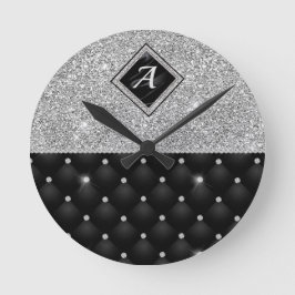 クリスタルスタイリッシュ銀フェイクブラック・ダイヤモンド・モノグラム ラウンド壁時計