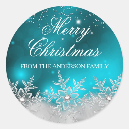 クリスタルスノーフレークティール(緑がかった色)クリスマスシール ラウンドシール (正面)