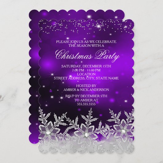 クリスタルスノーフレークパープルクリスマスパーティー招待状 招待状 (正面/裏面)