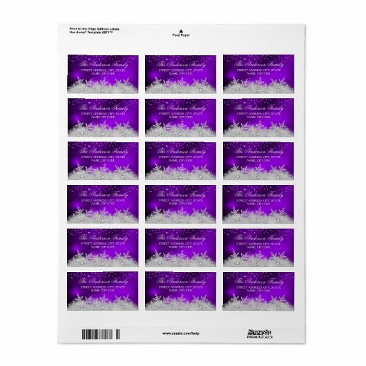 クリスタルスノーフレークパープルクリスマス住所 シール (フルシート)