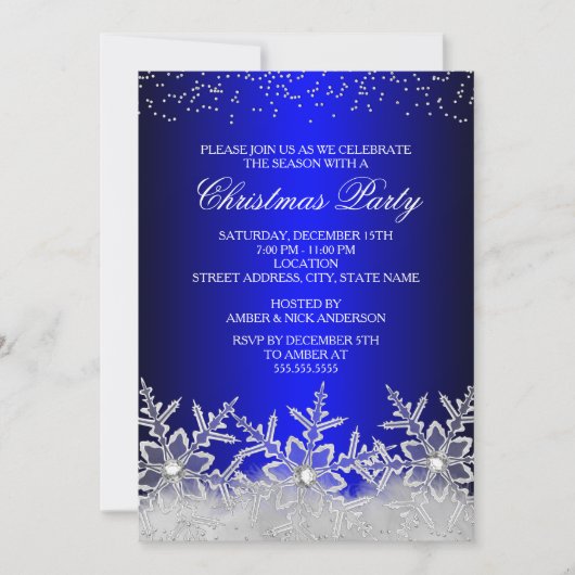 クリスタルスノーフレークブルークリスマスパーティー招待状 招待状 (正面)
