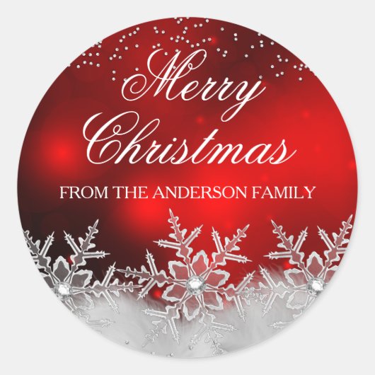 クリスタルスノーフレークレッドクリスマスステッカー ラウンドシール (正面)