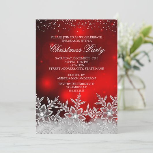 クリスタルスノーフレークレッドクリスマスパーティー招待状 招待状 (スタンド正面)