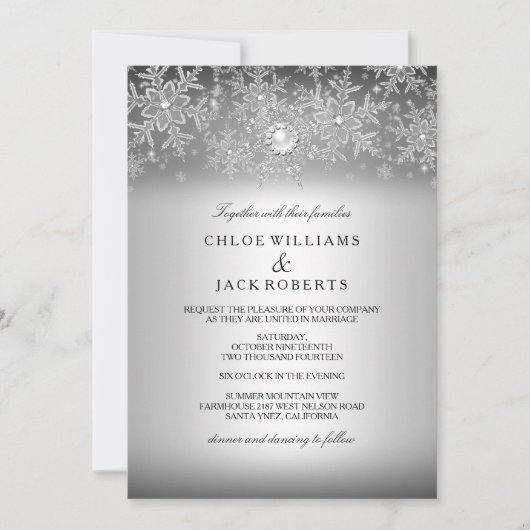 クリスタルパールスノーフレークシルバーウィンターウェディング 招待状 (正面)