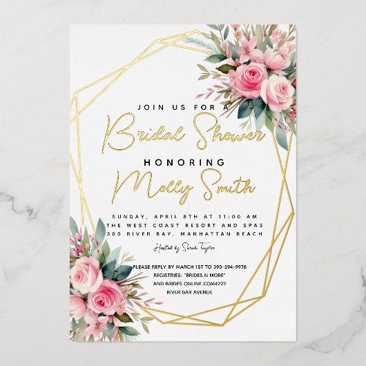クリスタルピンクピーチバラ水彩ブライダルシャワー 箔招待状 (正面)