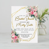 クリスタルピンクピーチバラ水彩ブライダルシャワー 箔招待状 (立ち正面)