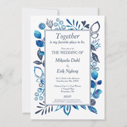 クリスタルブルーおよびブルーグレーのフローラルパターン 招待状 (正面)