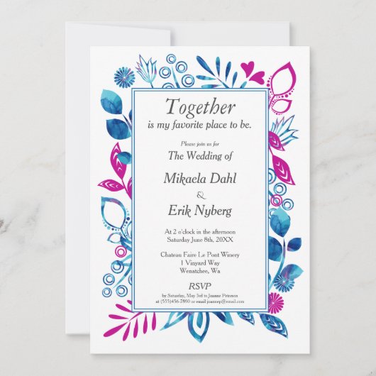 クリスタルブルーおよびマゼンタフローラ招待状 招待状 (正面)