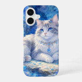 クリスタルブルーの猫のスマホケース iPhone 16ケース