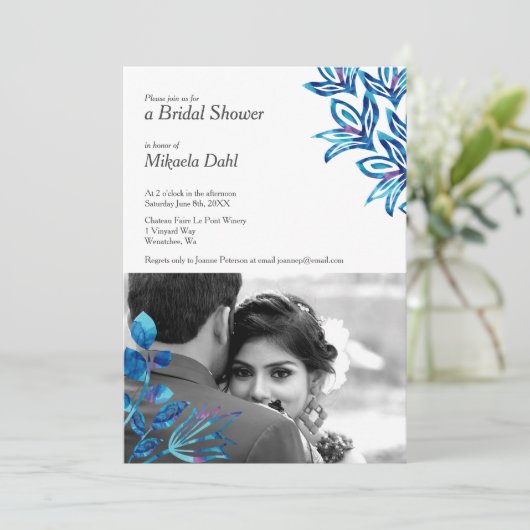 クリスタルブルーフローラフォトブライダルシャワー招待 招待状 (スタンド正面)