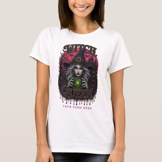 クリスタルボールを持つウィッチクイーンのラインストーン装飾 Tシャツ (正面)