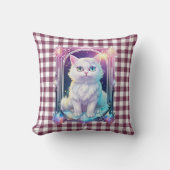 クリスタル猫パープルブラックプレイドキュート白い子猫 クッション (正面)