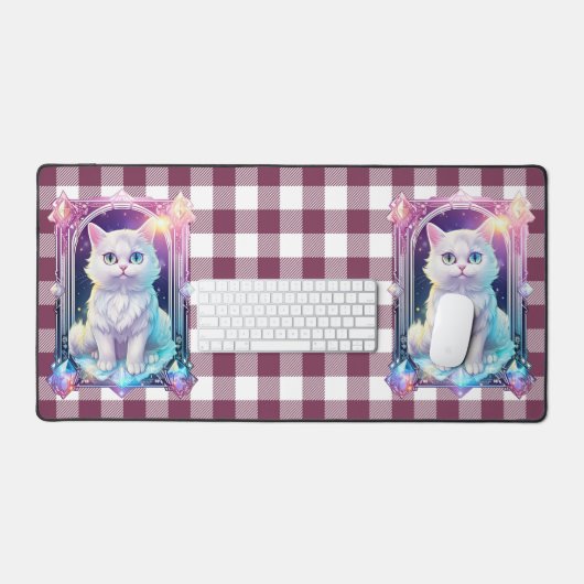 クリスタル猫パープルブラックプレイドキュート白い子猫 デスクマット (キーボード&マウス)