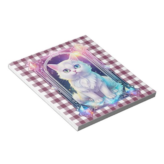 クリスタル猫パープルブラックプレイドキュート白い子猫 ノートパッド (アングル)
