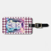 クリスタル猫パープルブラックプレイドキュート白い子猫 ラゲッジタグ (正面横)