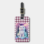 クリスタル猫パープルブラックプレイドキュート白い子猫 ラゲッジタグ (正面縦)