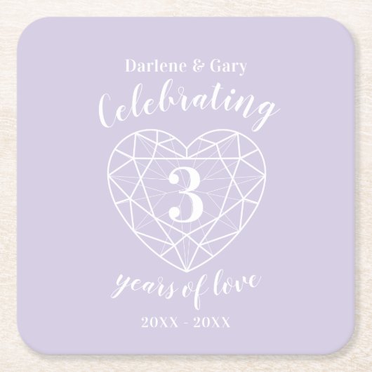 クリスタル記念日3年の愛コースター スクエアペーパーコースター (正面)