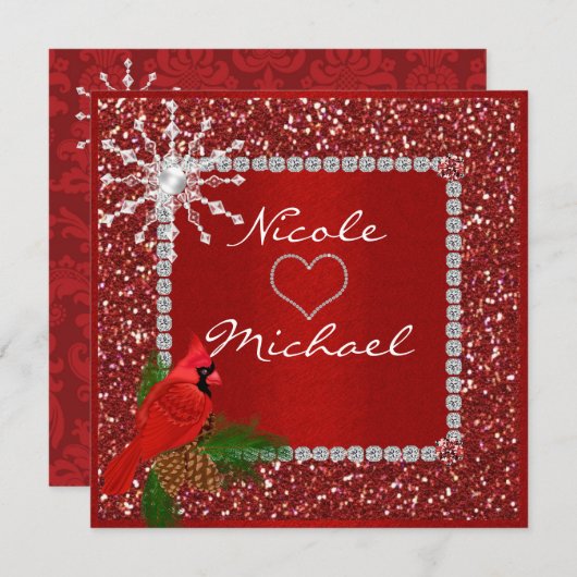 クリスタル スノーフレーク付きのホリデー ウェディング インビテーション (正面/裏面)