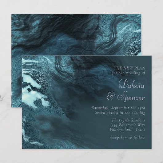 クリスタル ティール アゲート | ダークアクア マーブル ストーン 招待状 (正面/裏面)