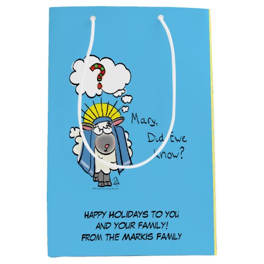 クリスチャンおもしろいクリスマスかわいい羊の漫画 ミディアムペーパーバッグ (正面)