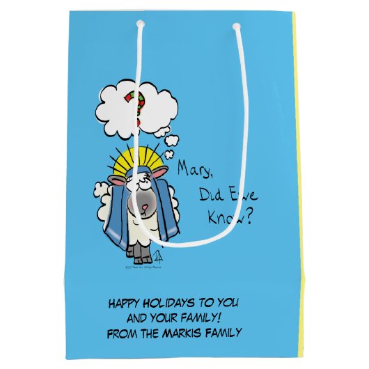 クリスチャンおもしろいクリスマスかわいい羊の漫画 ミディアムペーパーバッグ (裏面)