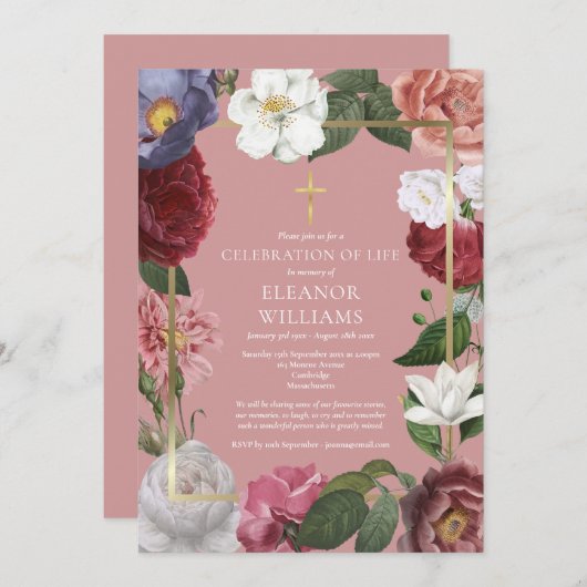 クリスチャンお祝いオブライフほこりっぽいバラフローラ 招待状 (正面/裏面)