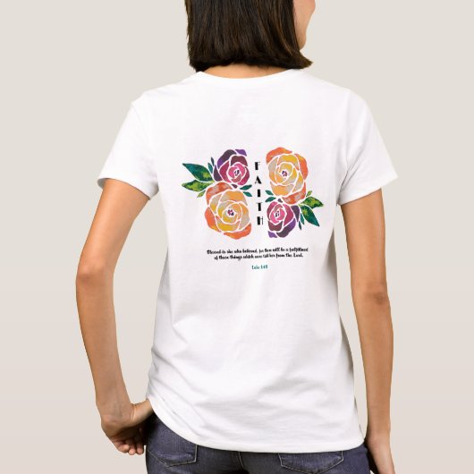 クリスチャンによって賛美されるルークの1:45の聖書の詩の花柄 Tシャツ (裏面)