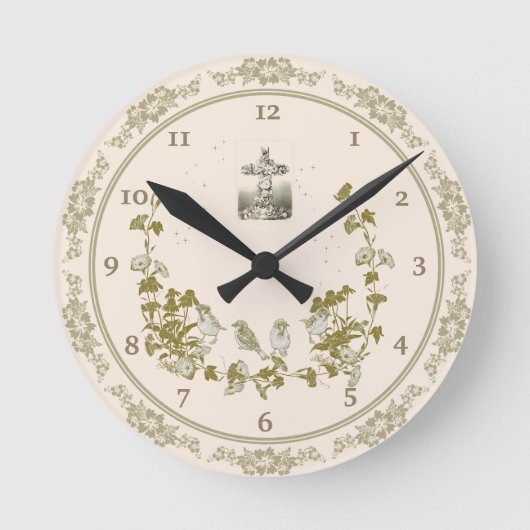 クリスチャンの壁時計と鳥、花、十字架 ラウンド壁時計 (正面)