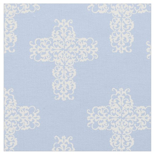 クリスチャンの白の青いダマスクパターン ファブリック (クローズアップ)