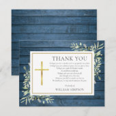 クリスチャンの葬儀 青い木製の背景にグリーンと詩 サンキューカード (正面/裏面)