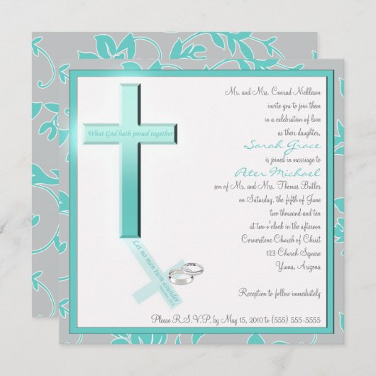 クリスチャンアクアアンドグレースクエア結婚式招待状 招待状 (正面/裏面)