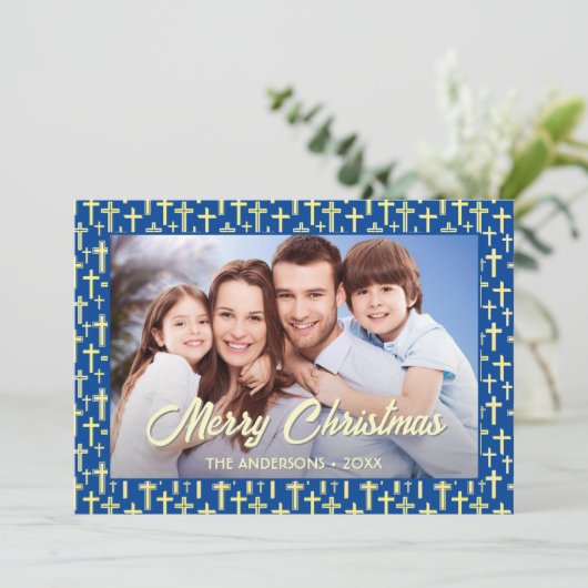 クリスチャンエレガントクロススクリプトクリスマスネイビーブルー シーズンカード (スタンド正面)