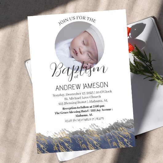 クリスチャンエレガントブルー丸い写真 |バプテスマ 招待状