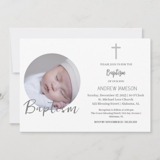 クリスチャンエレガントブルー丸い写真 |バプテスマ 招待状 (正面)