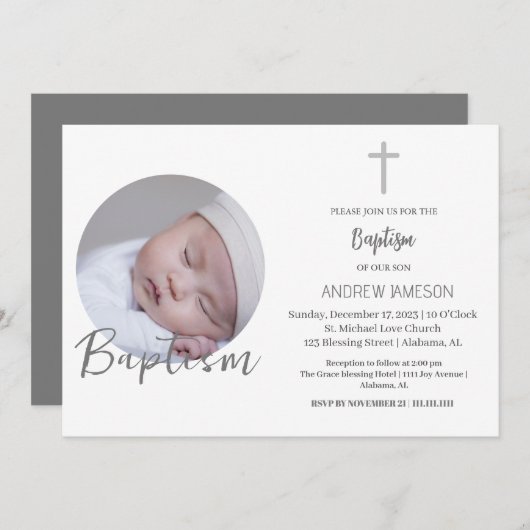 クリスチャンエレガントブルー丸い写真 |バプテスマ 招待状 (正面/裏面)