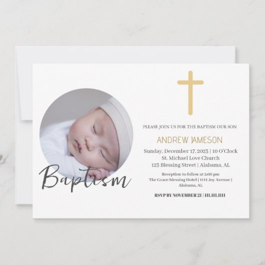 クリスチャンエレガントブルー丸い写真 |バプテスマ 招待状 (正面)