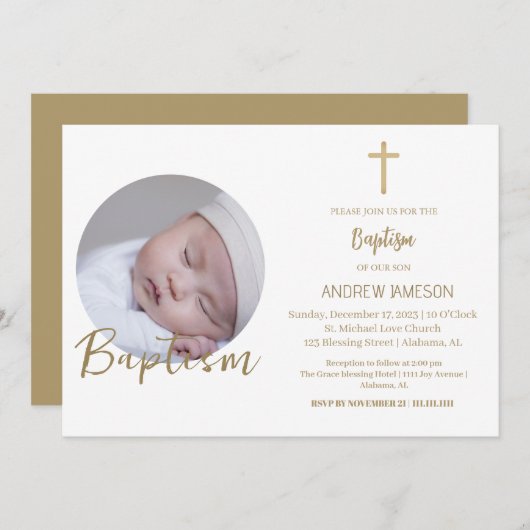 クリスチャンエレガントブルー丸い写真 |バプテスマ 招待状 (正面/裏面)