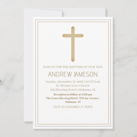 クリスチャンエレガントブルー金ゴールドクロス |バプテスマ 招待状 (正面)