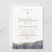 クリスチャンエレガントブルー金ゴールドクロス |バプテスマ 招待状 (正面)