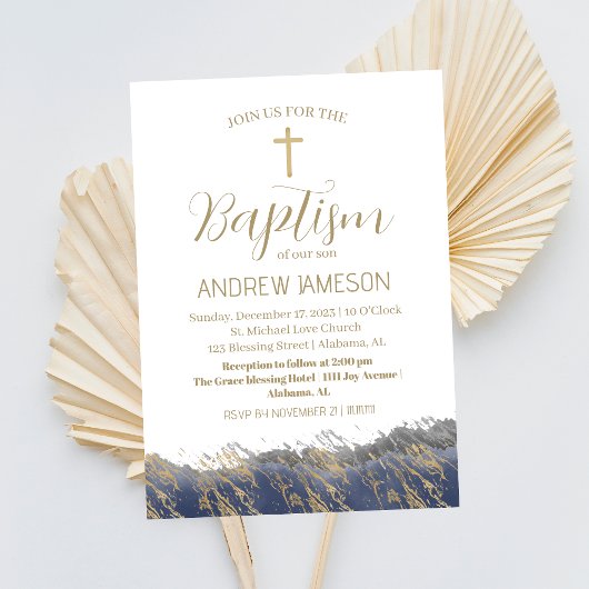 クリスチャンエレガントブルー金ゴールドクロス |バプテスマ 招待状