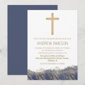 クリスチャンエレガントブルー金ゴールドクロス |バプテスマ 招待状 (正面/裏面)